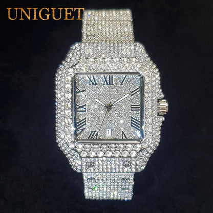 Men's Gold Watch Iced Diamond Hip Hop Square Design Wastches For Men Waterproof Calendar Fashion Luxury Wristwatches New In