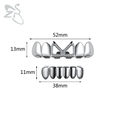 ZS 1 Set Hip Hop 18K Gold Plated Grillz Men Teeth Shiny CZ Crystal Cross Gap Grillz Colorful Zircon Top&Bottom Tooth Jewelry