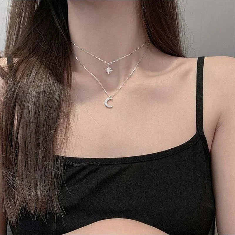 925 Silver Double Star & Moon Layered Necklace – Elegant Fine Jewelry for Women™