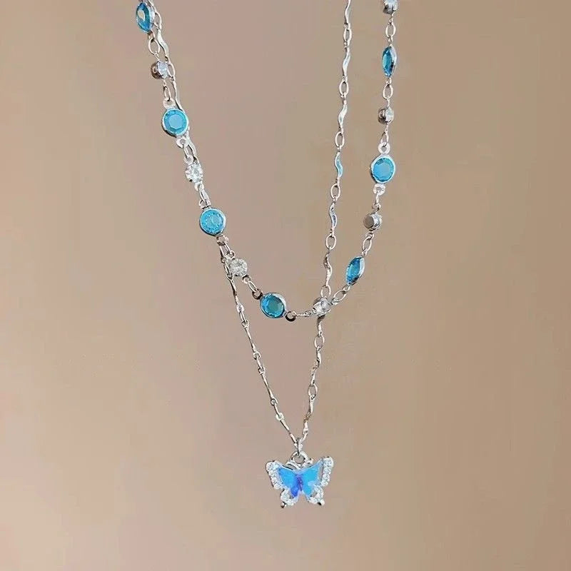 Romantic Blue Crystal Butterfly Pendant Necklace