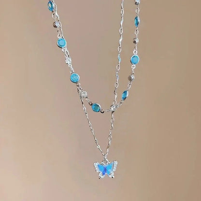 Romantic Blue Crystal Butterfly Pendant Necklace