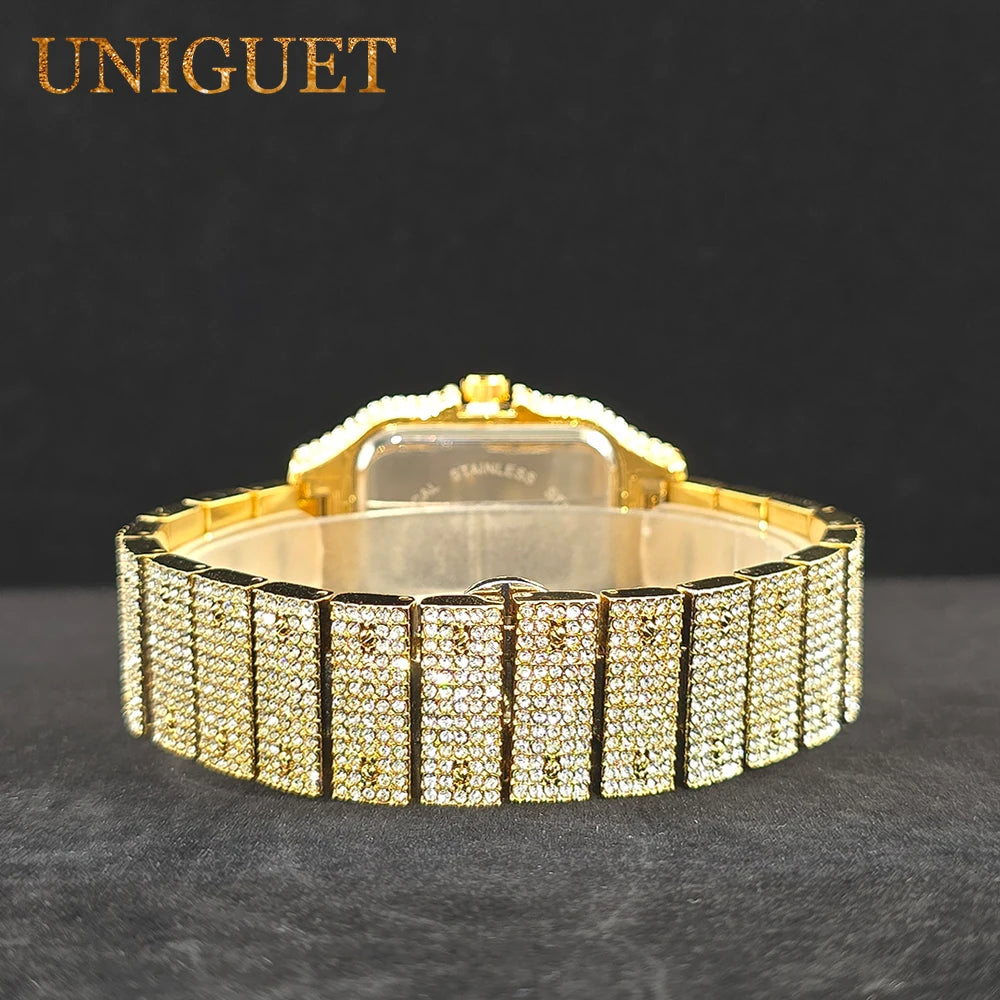 Men's Gold Watch Iced Diamond Hip Hop Square Design Wastches For Men Waterproof Calendar Fashion Luxury Wristwatches New In