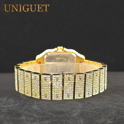 Men's Gold Watch Iced Diamond Hip Hop Square Design Wastches For Men Waterproof Calendar Fashion Luxury Wristwatches New In