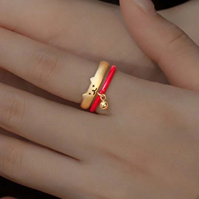 New Japanese Open Adjustable Ring Cute Cat Bell Cat Claw Oil Dropping Enamel Ring Decorative Gift