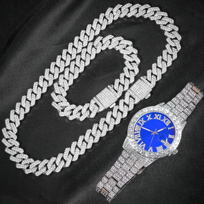 3pcs Cuban Chain Watch for Men Hip Hop Miami Curb Iced Out Paved