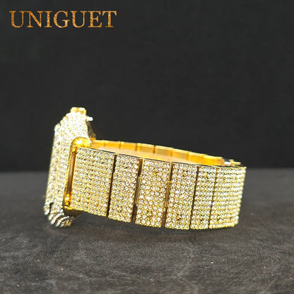 Men's Gold Watch Iced Diamond Hip Hop Square Design Wastches For Men Waterproof Calendar Fashion Luxury Wristwatches New In