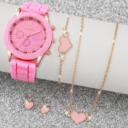 4pcs/set Geneva Fashion Silicone Band Women Quartz Watch & Heart Jewelry Set