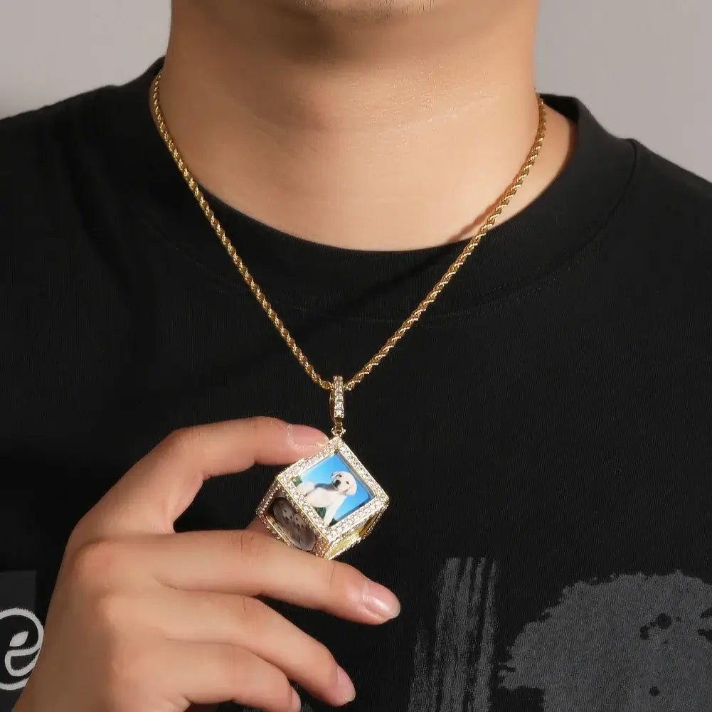 THE BLING KING Men's 3D Cube Custom Memory Photo Pendant Necklace Iced