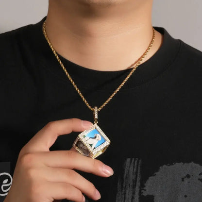 THE BLING KING Men's 3D Cube Custom Memory Photo Pendant Necklace Iced
