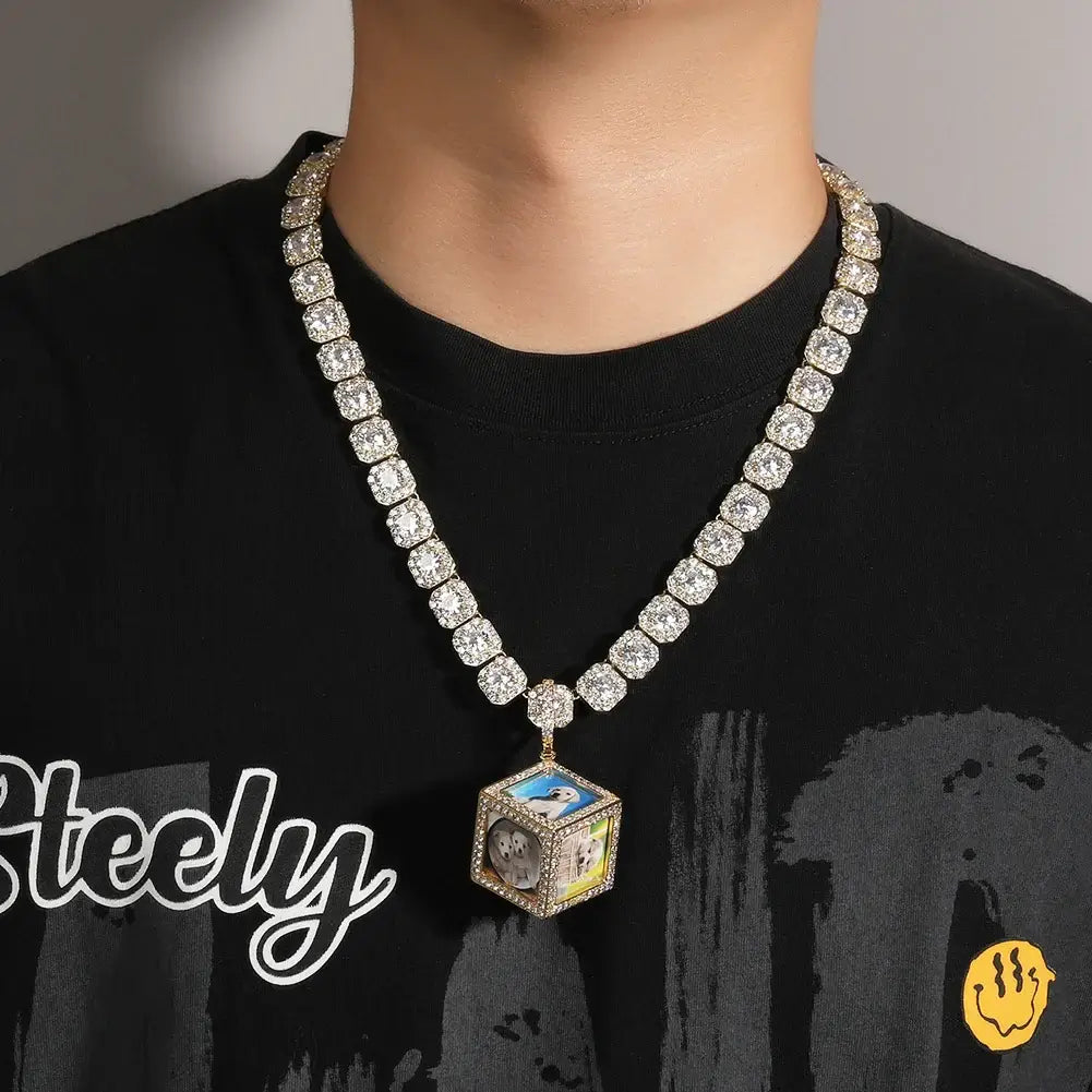 THE BLING KING Men's 3D Cube Custom Memory Photo Pendant Necklace Iced