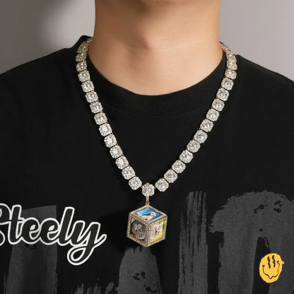 THE BLING KING Men's 3D Cube Custom Memory Photo Pendant Necklace Iced