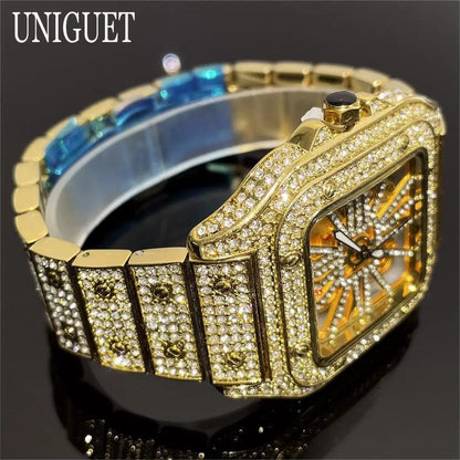 Top Luxury Gold Watch For Men Hip Hop Iced Diamond Square Quartz Wristwatches Fashion Hollow Waterproof Clocks Male Reloj 2025
