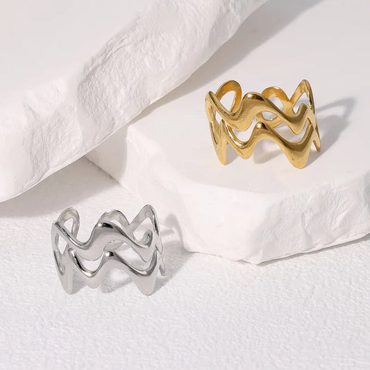 Stainless Steel Irregular Wave Rings for Women Men Creative Gold Color Adjustable Opening Rings Female Statement Jewelry Gifts