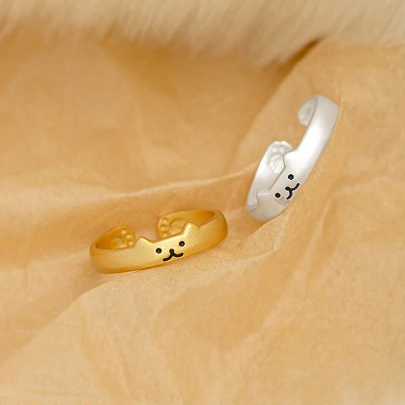 New Japanese Open Adjustable Ring Cute Cat Bell Cat Claw Oil Dropping Enamel Ring Decorative Gift
