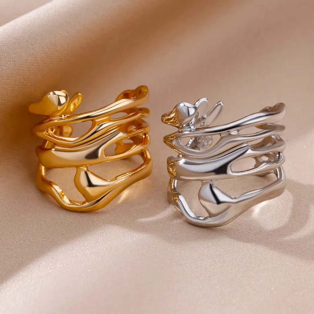 Stainless Steel Rings For Women Men Gold Color Hollow Wide Ring Female