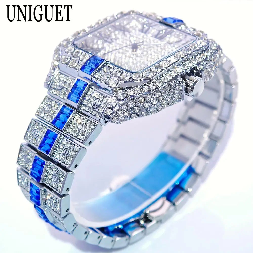 Hot Fashion Full Diamond Watch Men UNIGUET Brand Hip Hop Iced Out Bling Jewelry Square Quartz Wristwatch For Man Dropshipping