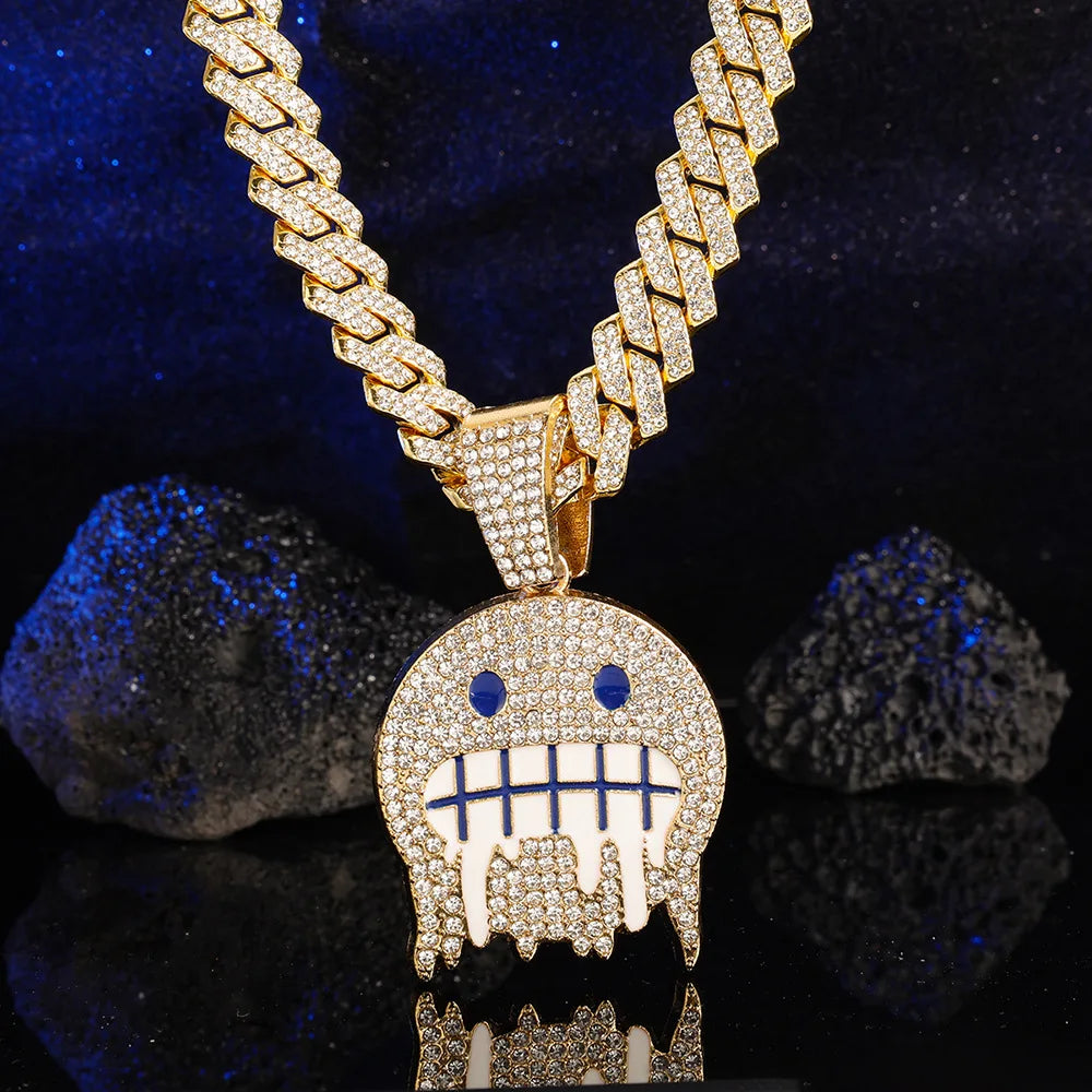Men White Blue Cubic Zirconia Paved Hip Hop Round Face Pendants Necklaces with Cuban Chain Iced Out Bling CZ Fashion Boy Jewelry