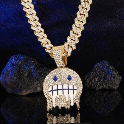Men White Blue Cubic Zirconia Paved Hip Hop Round Face Pendants Necklaces with Cuban Chain Iced Out Bling CZ Fashion Boy Jewelry