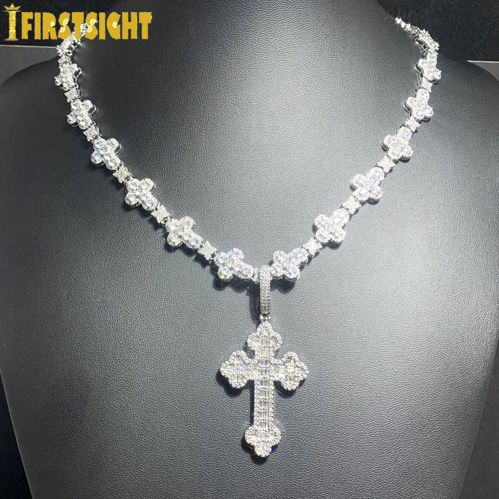 2025 New Iced Out Cross Necklace for Men Women Bling Silver Color Cubic Zirconia Charm Star Link Chain Hip Hop Jewelry