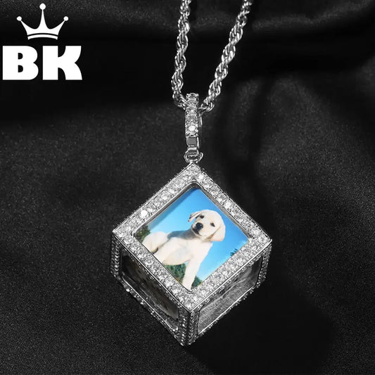 THE BLING KING Men's 3D Cube Custom Memory Photo Pendant Necklace Iced