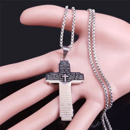 Faithful Charm: Lord's Prayer Scribble Cross Necklace