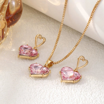 3pcs Trendy Y2k Heart-shaped Zircon Pink Crystal Pendant Earrings