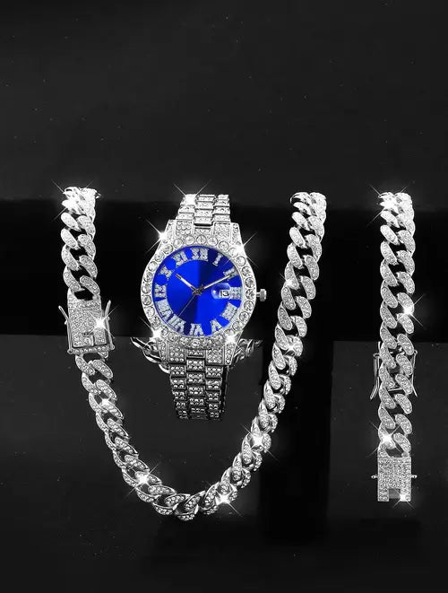 3PCS luxury alloy full diamond rhinestone mirror men's quartz watch
