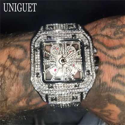 Top Luxury Gold Watch For Men Hip Hop Iced Diamond Square Quartz Wristwatches Fashion Hollow Waterproof Clocks Male Reloj 2025