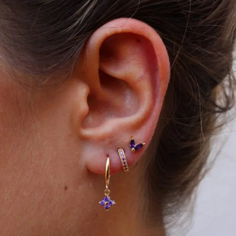 3PCS Exquisite Green Zircon Hanging Earrings Set for Women Stainless Steel Flower Dangle Earring Cartilage Piercing Jewelry