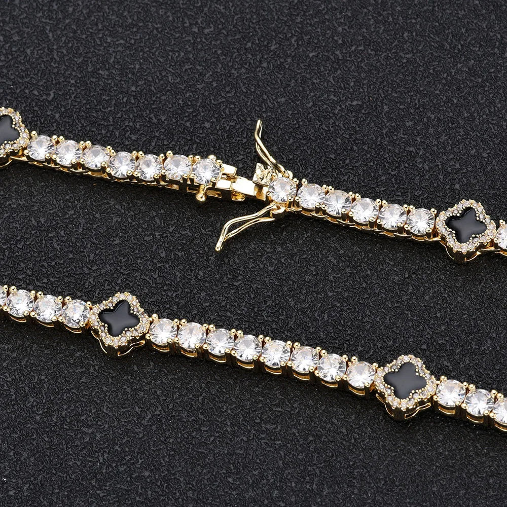 Hip Hop Ice Flower Tennis Clavicle Necklace New Cube Zirconia Brass