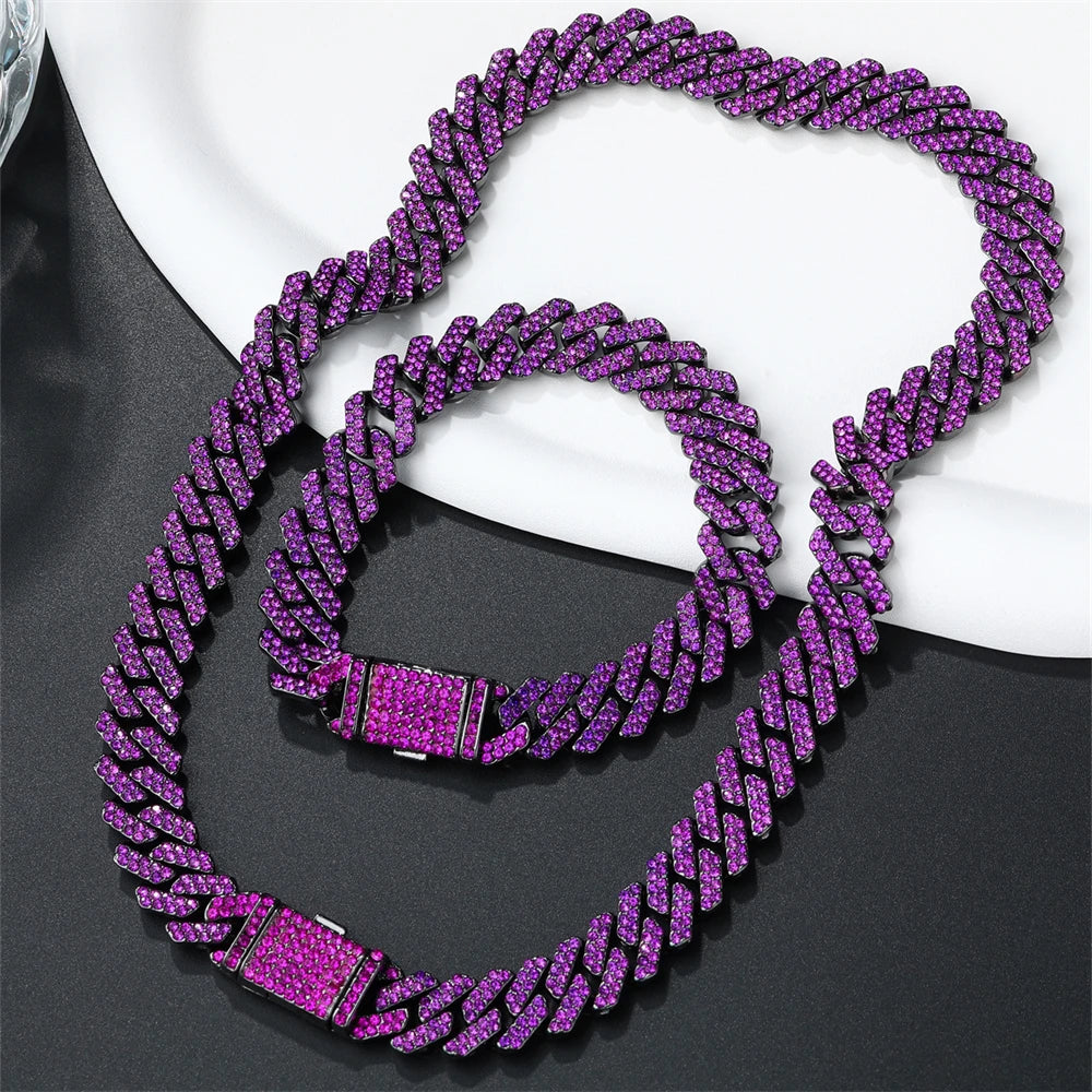 12MM Rhombus Prong Cuban Link Chain 2Row Purple Iced Out Rhinestones Rapper Necklaces Bracelet For Men Women Choker Jewelry