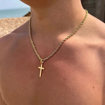 Stainless Steel Cross Pendant Necklace for Men Boys 18K Gold Plated Silver Simple Twisted Chain Fashionable Jewelry Beach Party