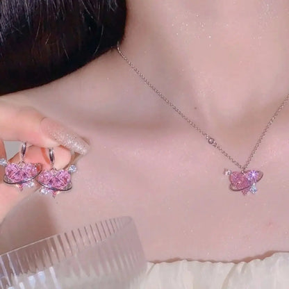Pink Heart Pendant Necklace Earrings Women's Fashion Shiny Zircon Stud