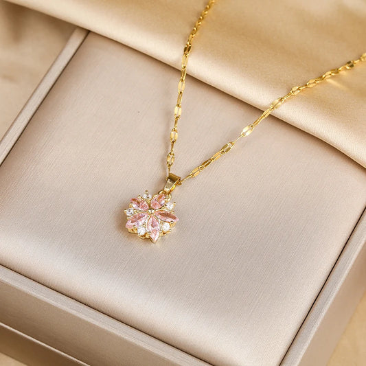New Cute Romantic Pink Sakura Pendant Stainless Steel Necklaces For
