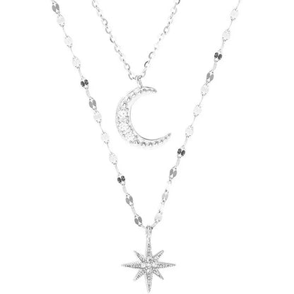 925 Silver Double Star & Moon Layered Necklace – Elegant Fine Jewelry for Women™