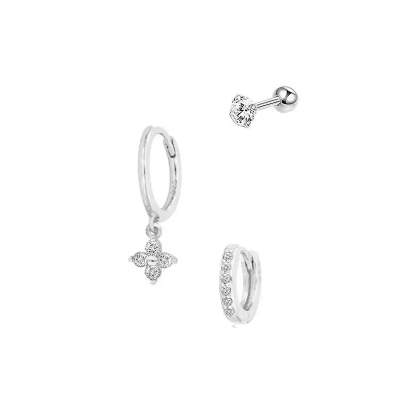 3PCS Exquisite Green Zircon Hanging Earrings Set for Women Stainless Steel Flower Dangle Earring Cartilage Piercing Jewelry