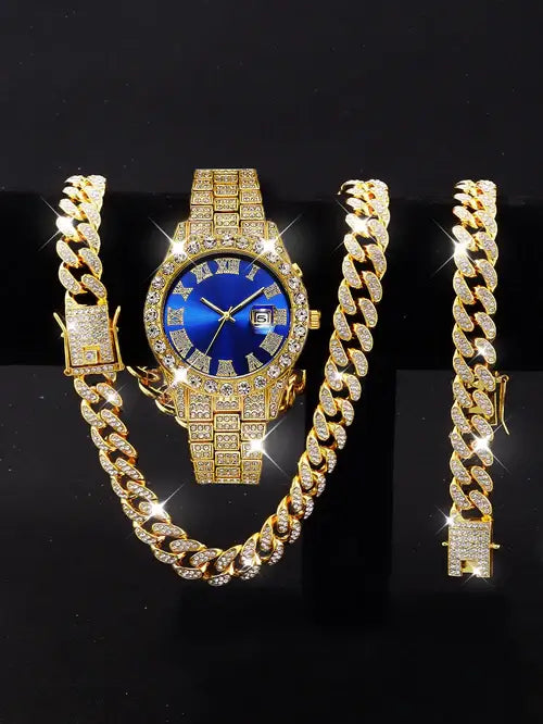 3PCS luxury alloy full diamond rhinestone mirror men's quartz watch