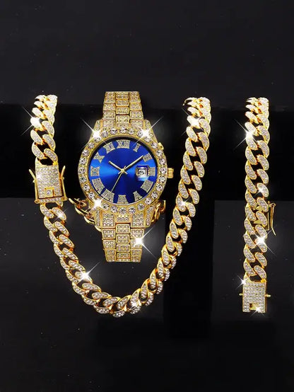 3PCS luxury alloy full diamond rhinestone mirror men's quartz watch