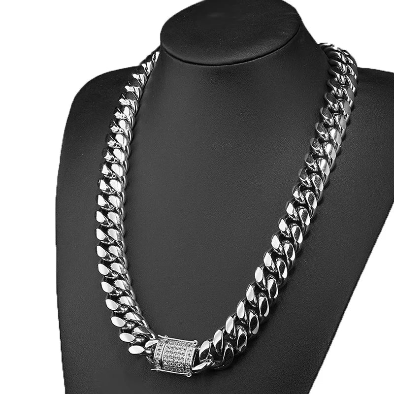 6-18mm wide Stainless Steel Cuban Miami Chains Necklaces CZ Zircon Box Lock Big Heavy Link Chain for Men Hip Hop Rapper jewelry