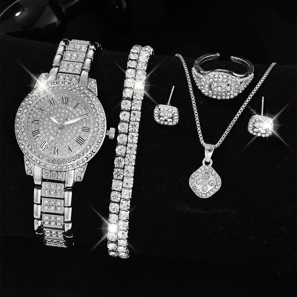 Fashion Numeric Golden Watch with Jewelry Set