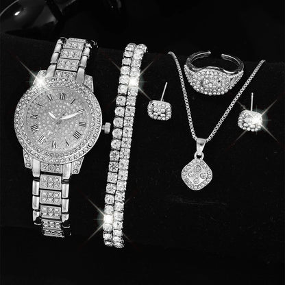 Fashion Numeric Golden Watch with Jewelry Set