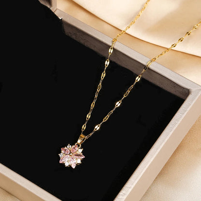 New Cute Romantic Pink Sakura Pendant Stainless Steel Necklaces For