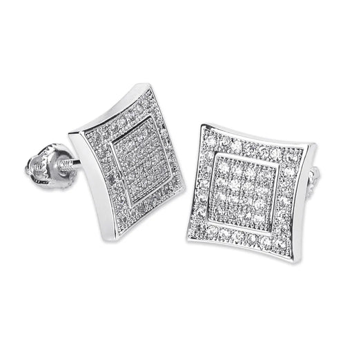 925 Sterling Silver Square Screw Stud Earrings Pave CZ Iced Out Screw