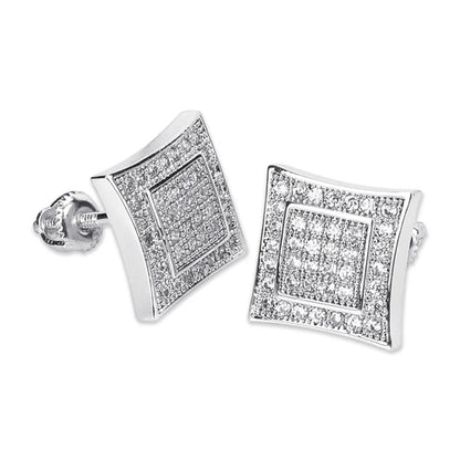 925 Sterling Silver Square Screw Stud Earrings Pave CZ Iced Out Screw