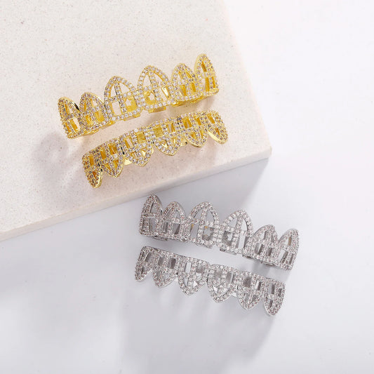 Hip Hop CZ Cross Teeth Grillz Caps Cubic Zircon Iced Out Micro Pave Top&Bottom Charm For Men Women Rapper Jewelry Xmas Gift