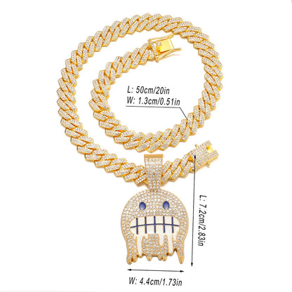 Men White Blue Cubic Zirconia Paved Hip Hop Round Face Pendants Necklaces with Cuban Chain Iced Out Bling CZ Fashion Boy Jewelry