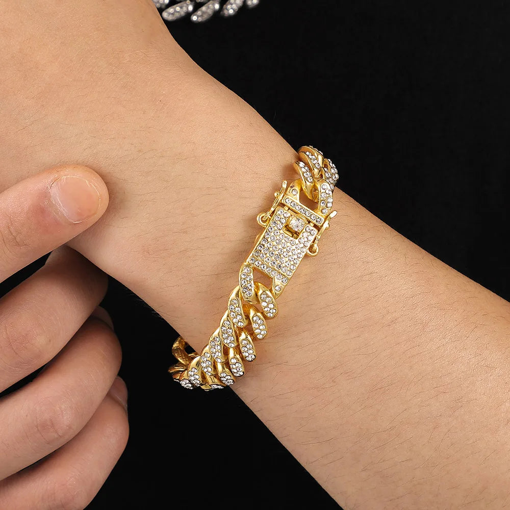 New Miami Iced Out Cuban Link Chain Bracelet For Men&Women Full