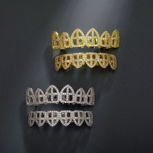 Hip Hop CZ Cross Teeth Grillz Caps Cubic Zircon Iced Out Micro Pave Top&Bottom Charm For Men Women Rapper Jewelry Xmas Gift