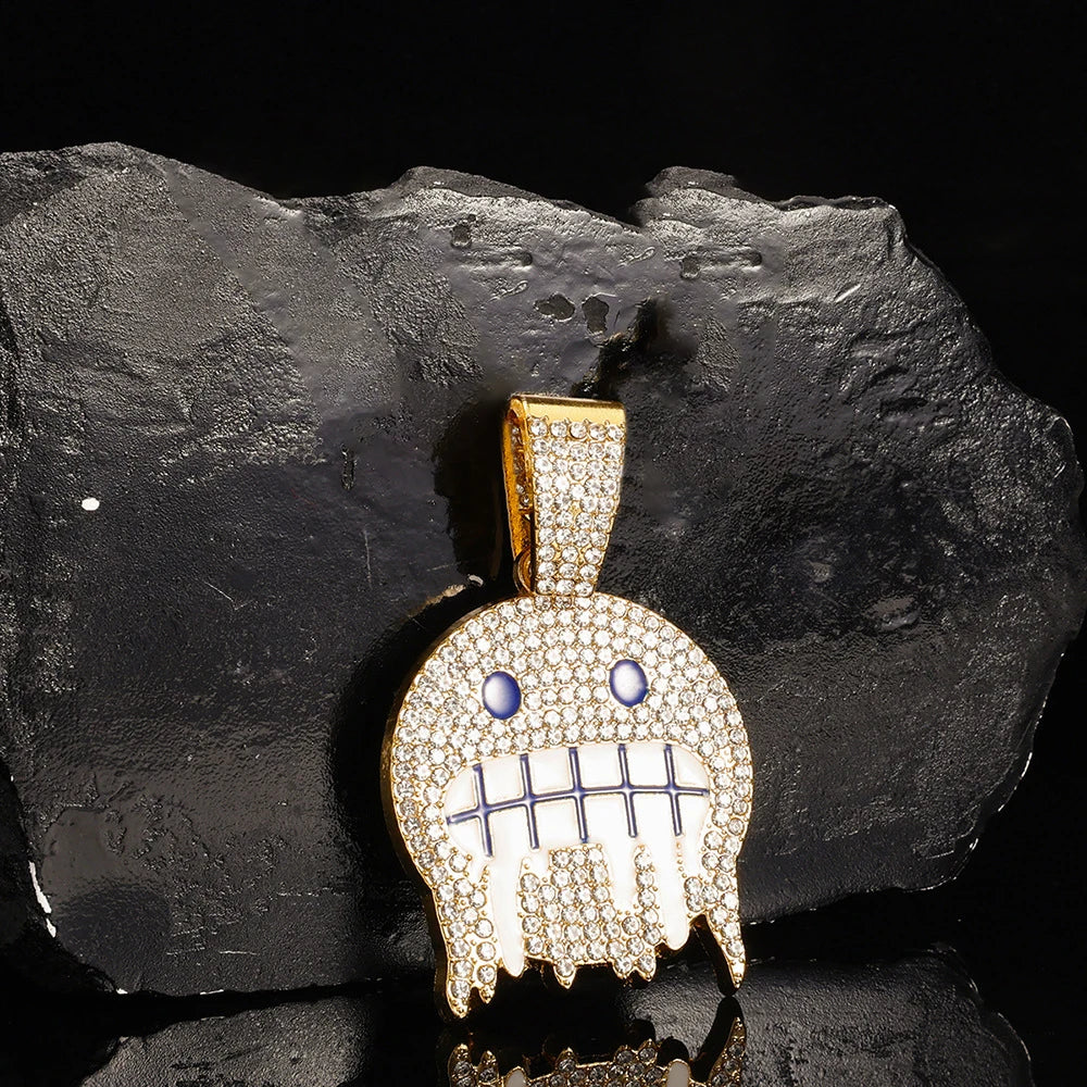Men White Blue Cubic Zirconia Paved Hip Hop Round Face Pendants Necklaces with Cuban Chain Iced Out Bling CZ Fashion Boy Jewelry