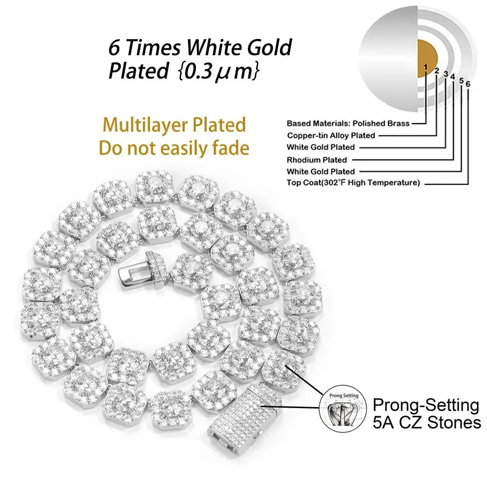 10mm/12mm Cubic Zirconia Necklace Iced Out Ice Cube Cluster Tennis